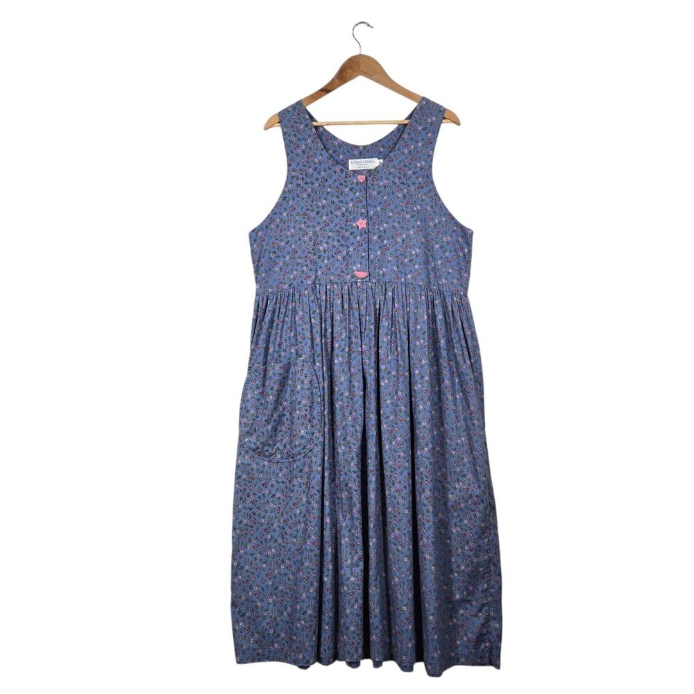 Vintage A Touch Of Calico Prairie Dress M Blue Ditsy Floral Maxi Cottagecore